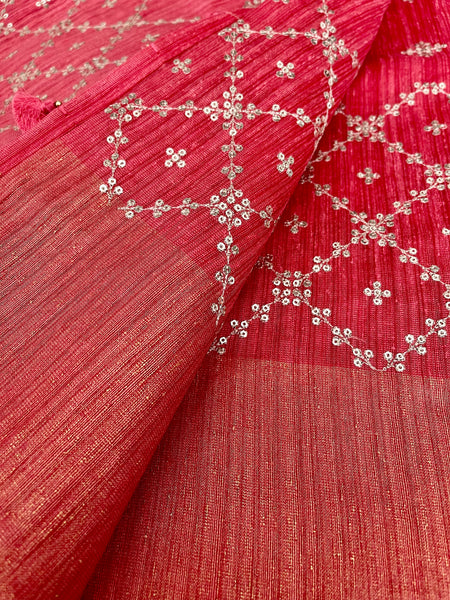 Coral Pink Sequin Handloom Tussar Silk Saree