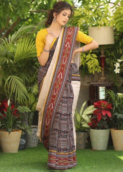 COTTON AJRAKH & PLAIN CREAM COTTON SAREE WITH BEAUTIFUL IKAAT, AJRAKH BORDER