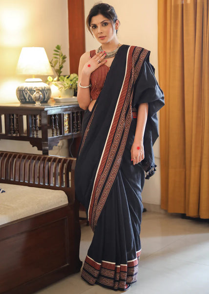 BLACK COTTON SAREE WITH EXCLUSIVE AJRAKH BORDER