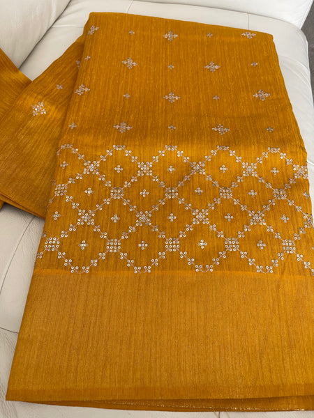 Mustard Yellow Sequin Handloom Tussar Silk Saree