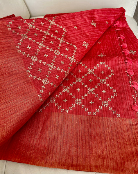 Coral Pink Sequin Handloom Tussar Silk Saree