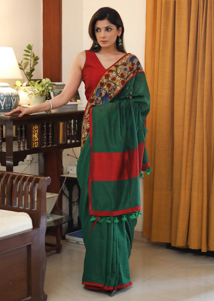 BOTTLE GREEN COTTON SAREE WITH KALAMKARI AND MAROON COTTON SILK BORDER