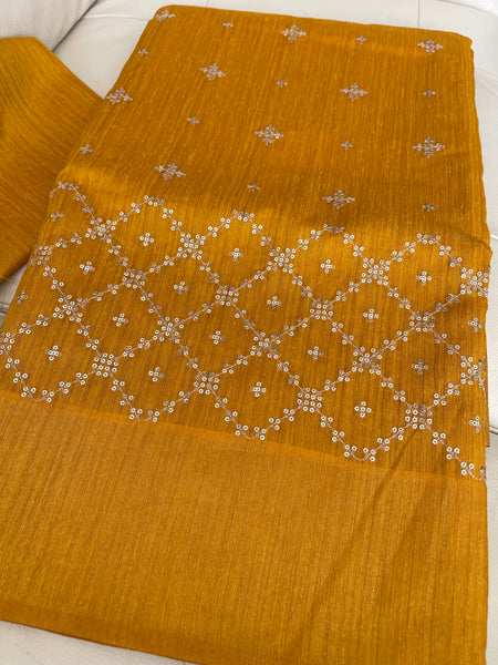 Mustard Yellow Sequin Handloom Tussar Silk Saree