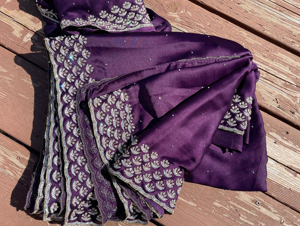 Purple Satin Silk Saree with Swarovski Crystals