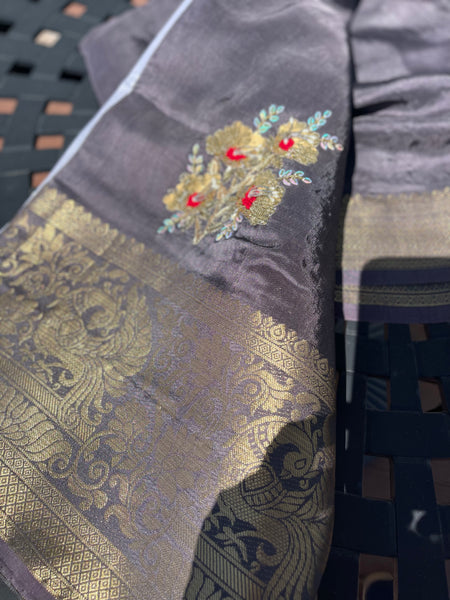 Grey Raw Silk Gota Pati Saree with contrast Red blouse piece