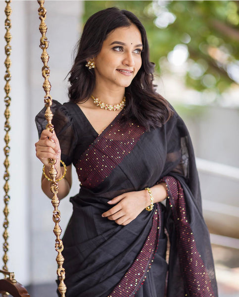 Black and Maroon Bengal Cotton Silk Saree With Chumki Boarder