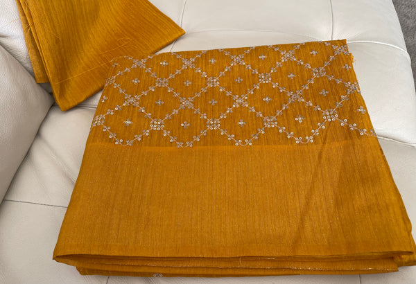 Mustard Yellow Sequin Handloom Tussar Silk Saree