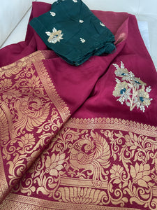 Deep Maroon Raw Silk Gota Pati Saree with contrast Red blouse piece