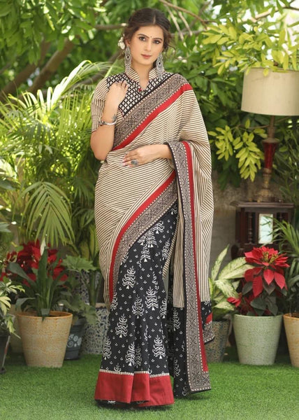 BLACK PRINTED COTTON SAREE WITH LINE AJRAKH PALLU AND MAROON COTTON SILK, AJRAKH COMBINATION BORDER