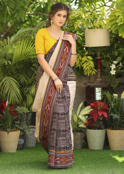 COTTON AJRAKH & PLAIN CREAM COTTON SAREE WITH BEAUTIFUL IKAAT, AJRAKH BORDER