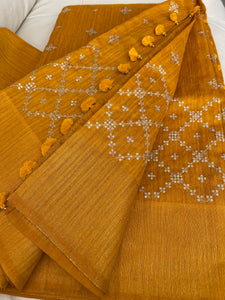 Mustard Yellow Sequin Handloom Tussar Silk Saree