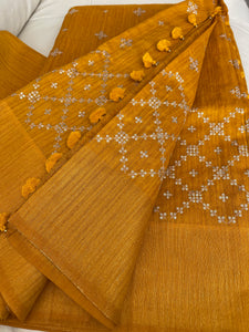 Mustard Yellow Sequin Handloom Tussar Silk Saree