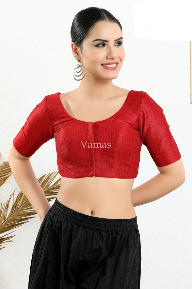Red Mulberry Silk Padded Front Open Elbow Sleeves Blouse