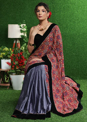 RED AJRAKH & LAVENDER KHUN SAREE WITH ZARI WORK ON PALLU