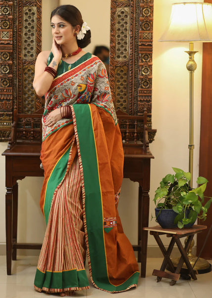RUST COTTON SAREE WITH EXCLUSIVE HAND PAINTED MADHUBANI PALLU, LINE PLEATS & MIRROR WORK BORDER