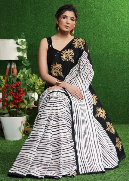 WHITE STRIPED SAREE WITH GOLD EMBROIDERED BORDER ON PALLU