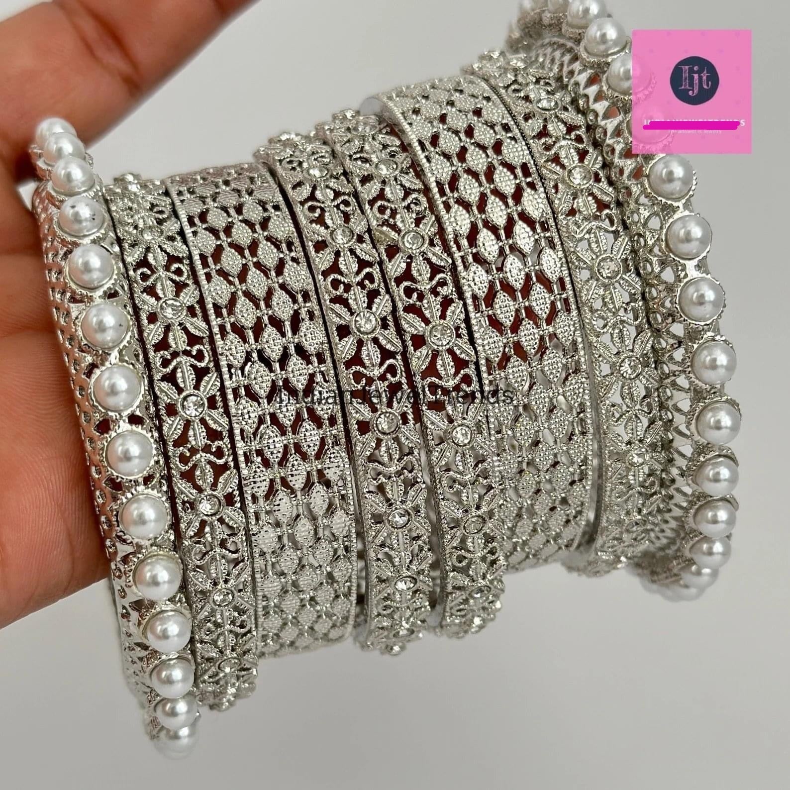 Silver Pearl Bangles Set