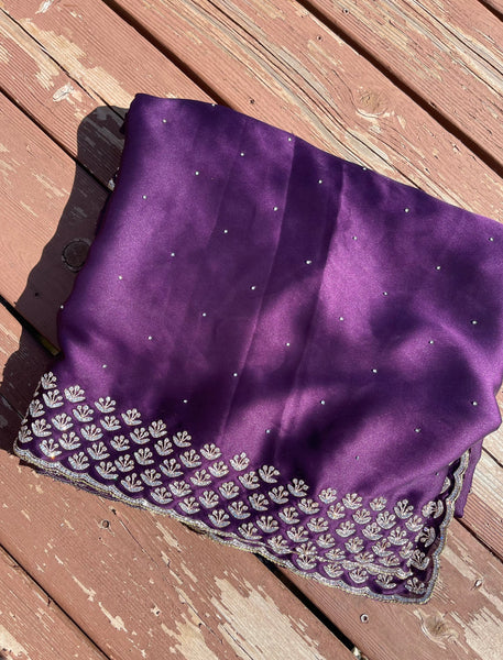 Purple Satin Silk Saree with Swarovski Crystals