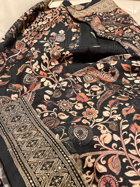 Black Tussar Silk Cotton Kalamkari Print Silk Saree