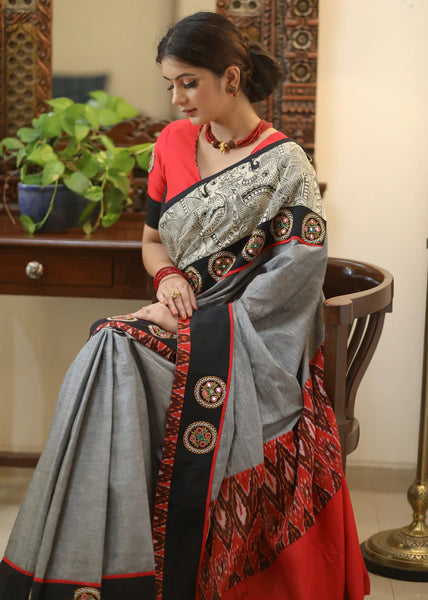 GREY COTTON SAREE WITH GRACEFUL MADHUBANI HAND PAINTED PALLU AND MIRROR WORK