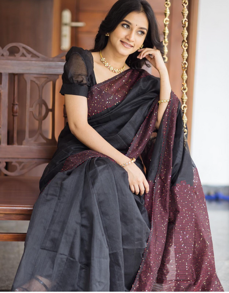 Black and Maroon Bengal Cotton Silk Saree With Chumki Boarder
