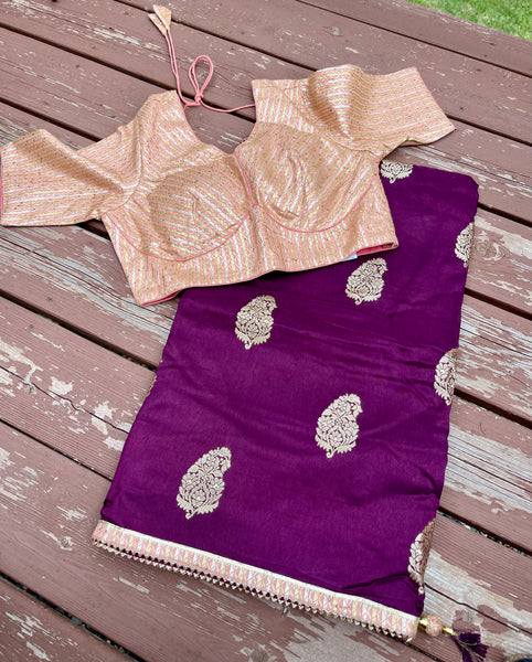Purple Muga Silk Saree with contrast Peach Readymade Blouse