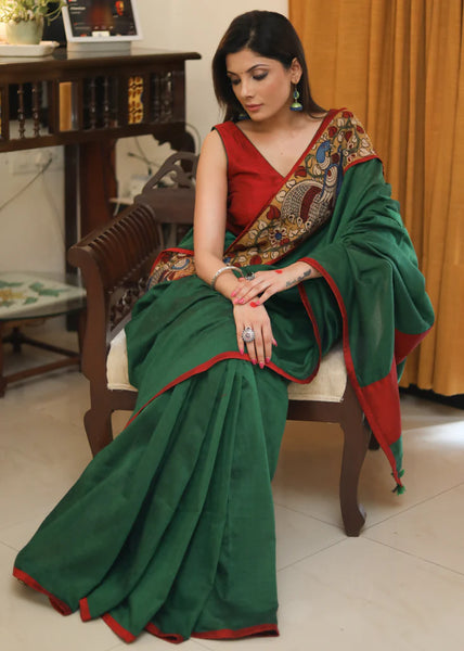 BOTTLE GREEN COTTON SAREE WITH KALAMKARI AND MAROON COTTON SILK BORDER