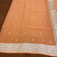 Peach Orangish and Silver Pure Handwoven Khaddi Banarasi Chiffon Georgette Saree