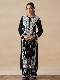 Pure Cotton Black and White Handwoven Chikankari Long Kurti