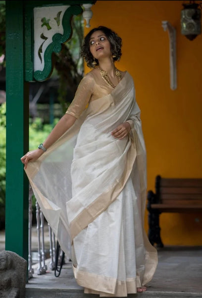 Golden Zari Work White Traditional Kerala Cotton Silk Saree For Onam