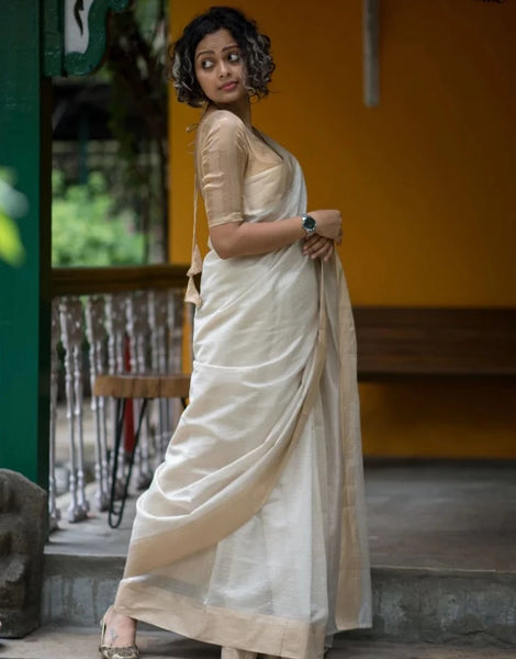 Golden Zari Work White Traditional Kerala Cotton Silk Saree For Onam