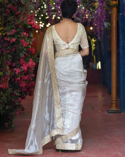 Silver Chanderi Silk Zari Shimmer Saree With Lace Border