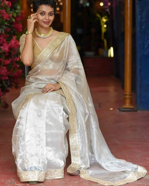 Silver Chanderi Silk Zari Shimmer Saree With Lace Border