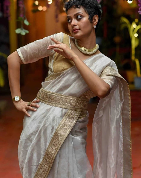 Silver Chanderi Silk Zari Shimmer Saree With Lace Border