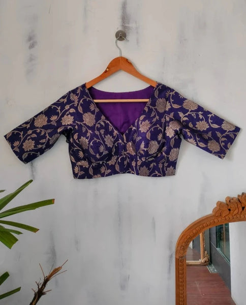 Readymade Blue Silk Elbow Sleeve Floral Design Blouse