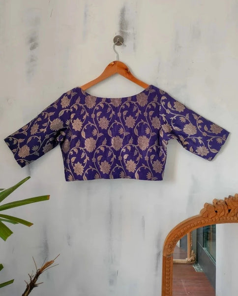 Readymade Blue Silk Elbow Sleeve Floral Design Blouse