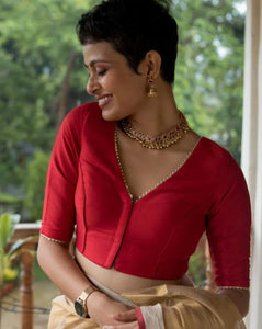 Readymade Art Silk V Neck Red Elbow Length Blouse