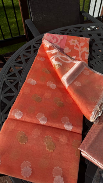 Coral Pink Dual Tone Resham Silk Muslin Jamdani Saree