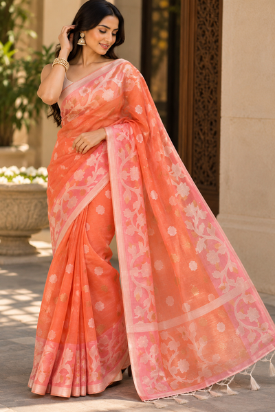 Coral Pink Dual Tone Resham Silk Muslin Jamdani Saree