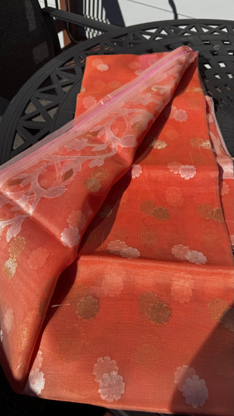 Coral Pink Dual Tone Resham Silk Muslin Jamdani Saree