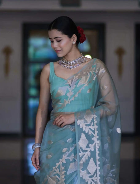 LIGHT SKY BLUE WITH WHITE & GOLDEN  ZARI ALLOVER FLORAL HANDWOVEN RESHAM JAMDANI SAREE