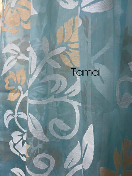 LIGHT SKY BLUE WITH WHITE & GOLDEN  ZARI ALLOVER FLORAL HANDWOVEN RESHAM JAMDANI SAREE