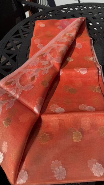 Coral Pink Dual Tone Resham Silk Muslin Jamdani Saree