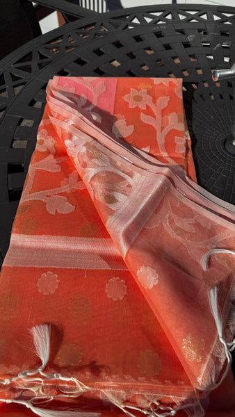 Coral Pink Dual Tone Resham Silk Muslin Jamdani Saree