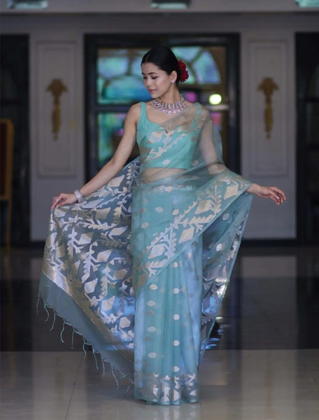 LIGHT SKY BLUE WITH WHITE & GOLDEN  ZARI ALLOVER FLORAL HANDWOVEN RESHAM JAMDANI SAREE