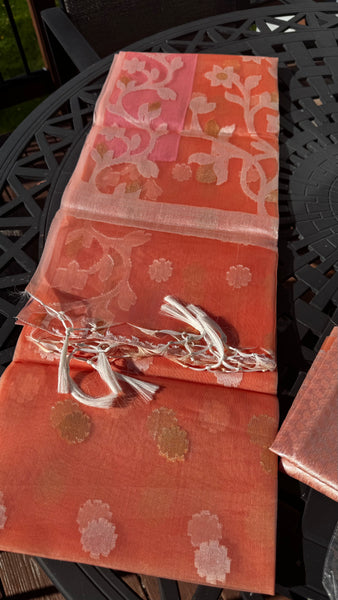 Coral Pink Dual Tone Resham Silk Muslin Jamdani Saree