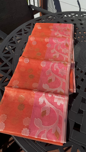 Coral Pink Dual Tone Resham Silk Muslin Jamdani Saree