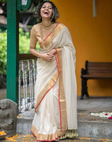 Lovely Cream Mul Zari Saree With Red And Gold Border
