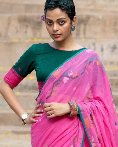 Readymade Gorgeous Green Cotton Blouse with Boat Neck