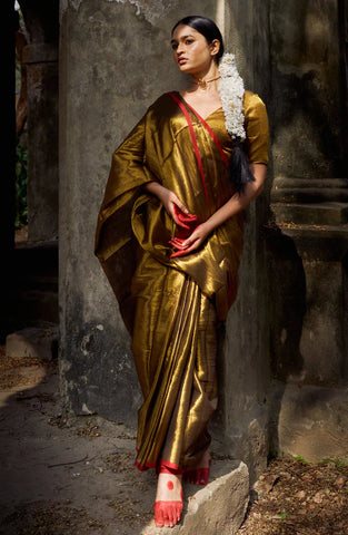 Metallic Gold Handloom Tissue Saree with Red Border